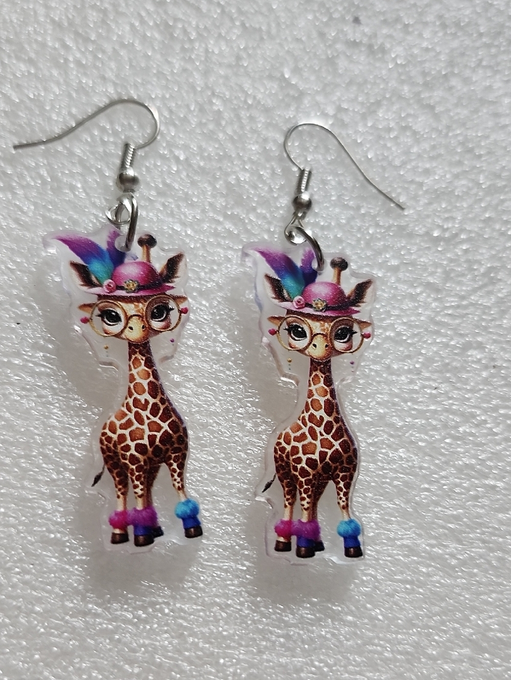 Hand Crafted Brown Giraffe Earrings with Pink and Blue Accents